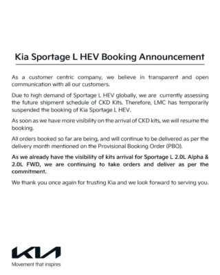 Kia Sportage L Hev Booking In Pakistan Temporarily Suspended Heres Why 