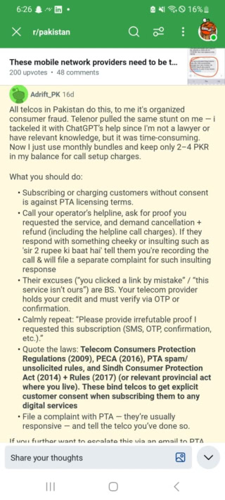 Reddit user complain of telenor