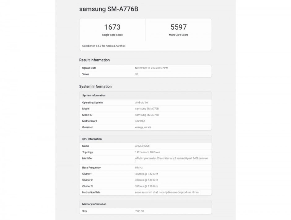 Samsung Galaxy A77 on Geekbench