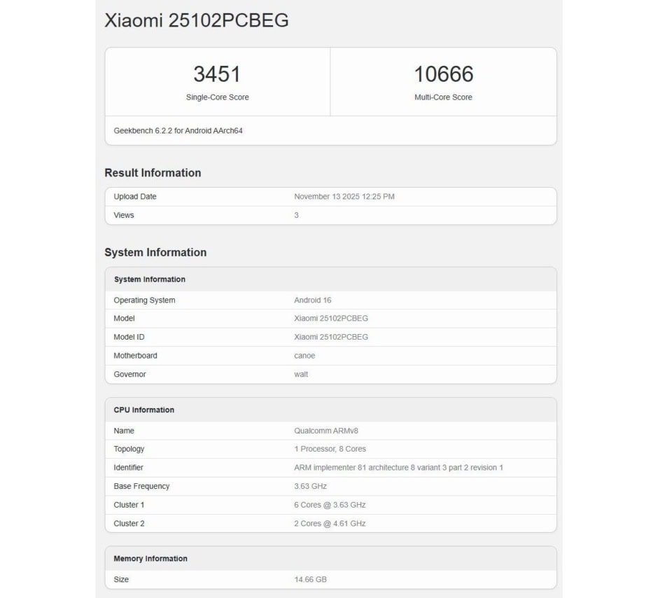 Xiaomi Poco F8 Ultra Geekbench 