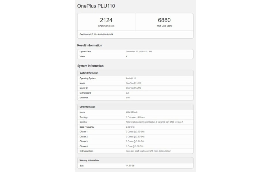 OnePlus Turbo run Geekbench