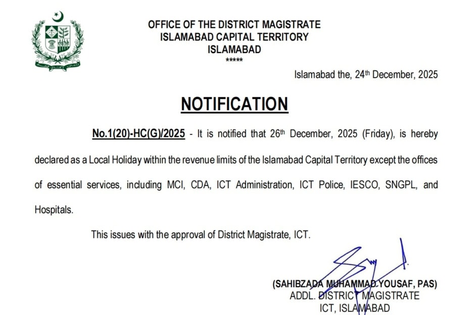 Islamabad Announces Public Holidays On December 25 And 26 