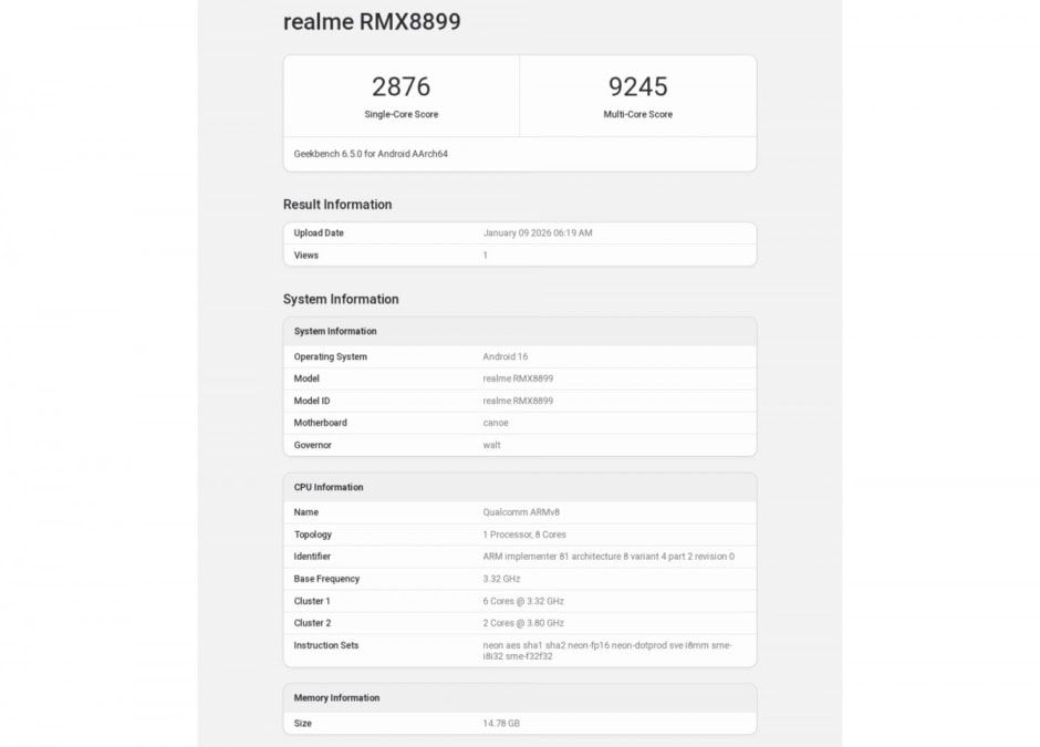 Realme Neo8 on Geekbench