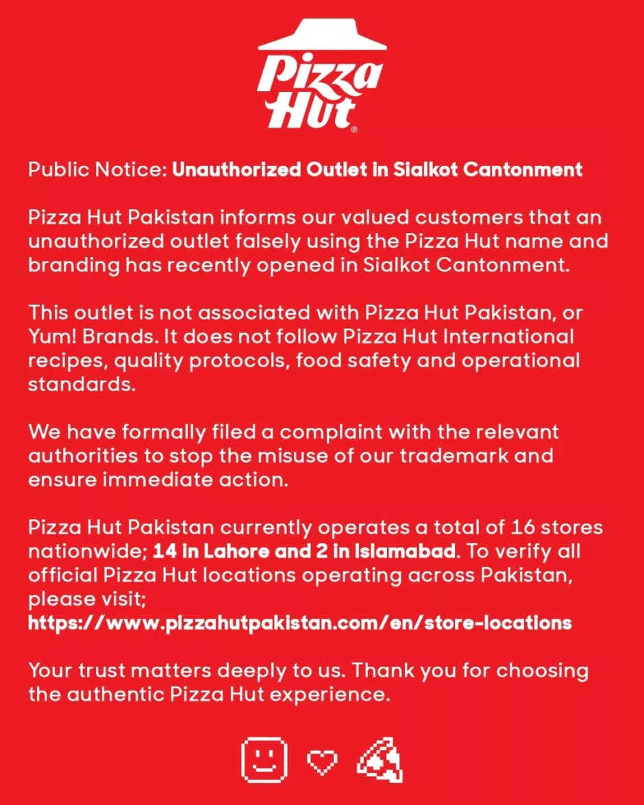 public notice by Pizza Hut Pakistan