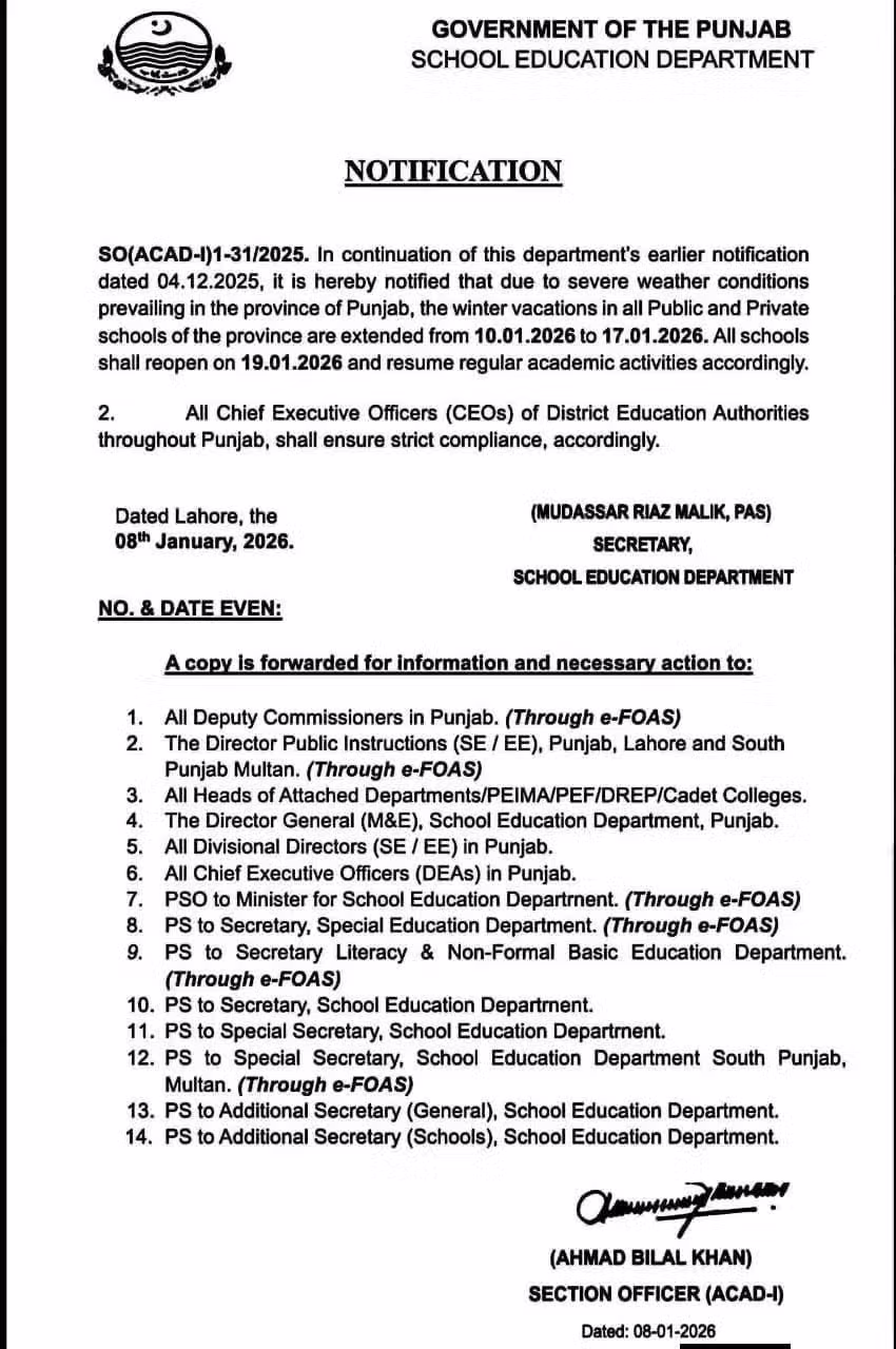 Winter Vacations Extended In Punjab 