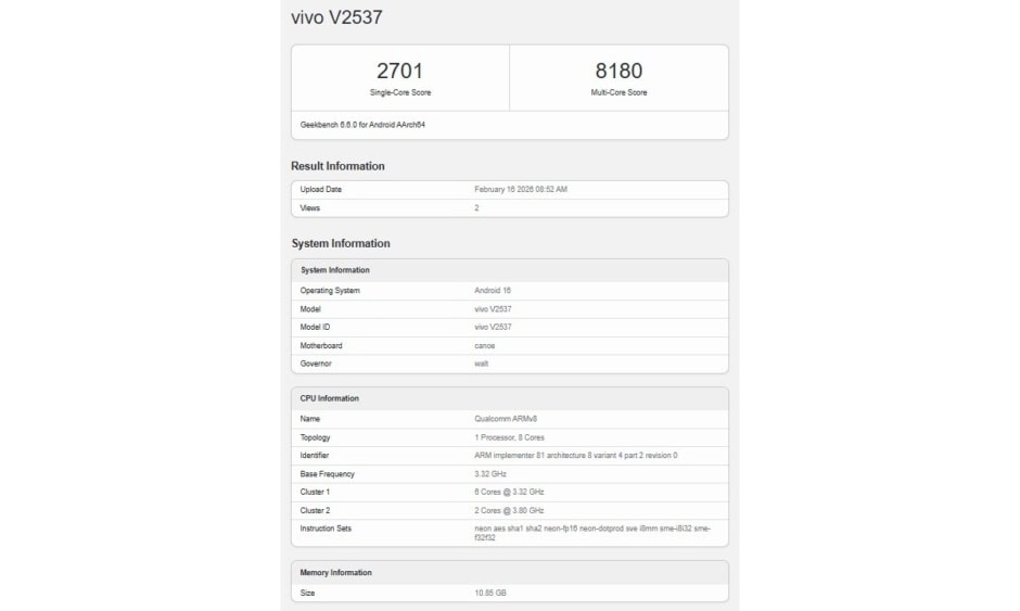 vivo X300 FE runs Geekbench 