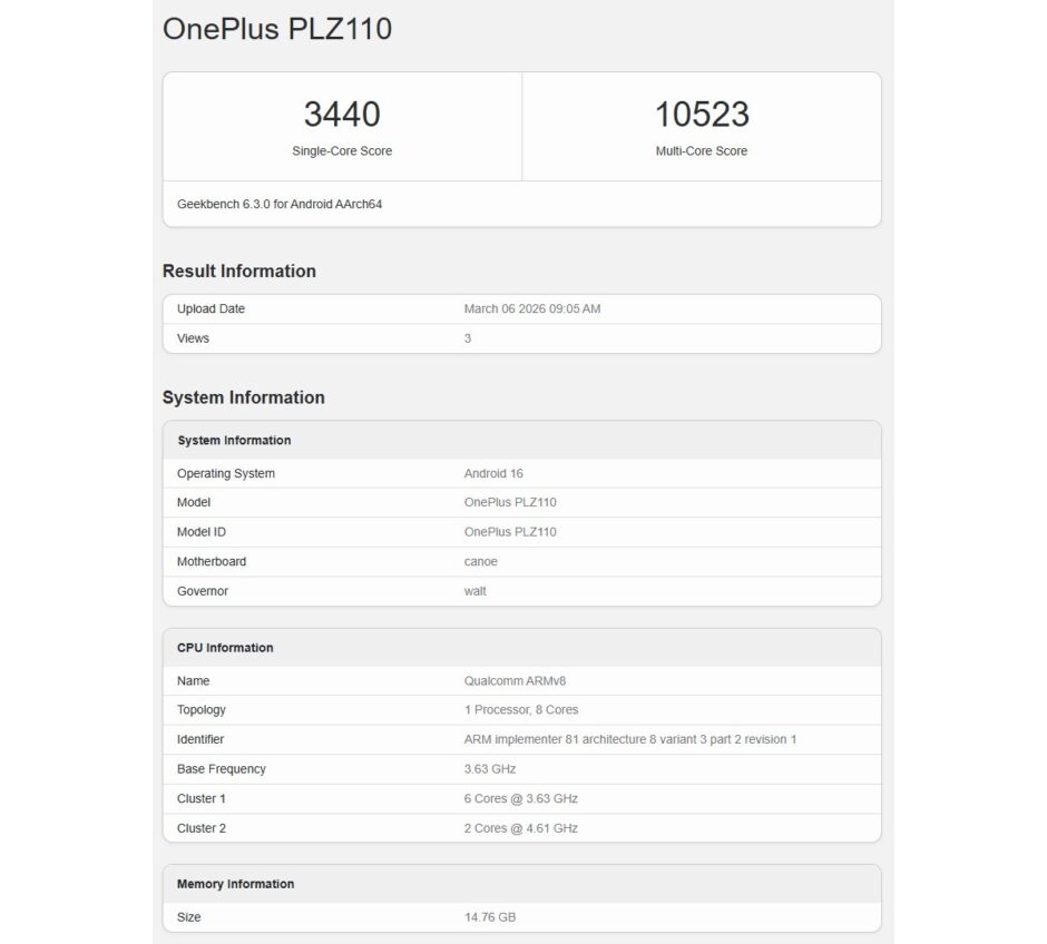 Oneplus 15t Runs Geekbench