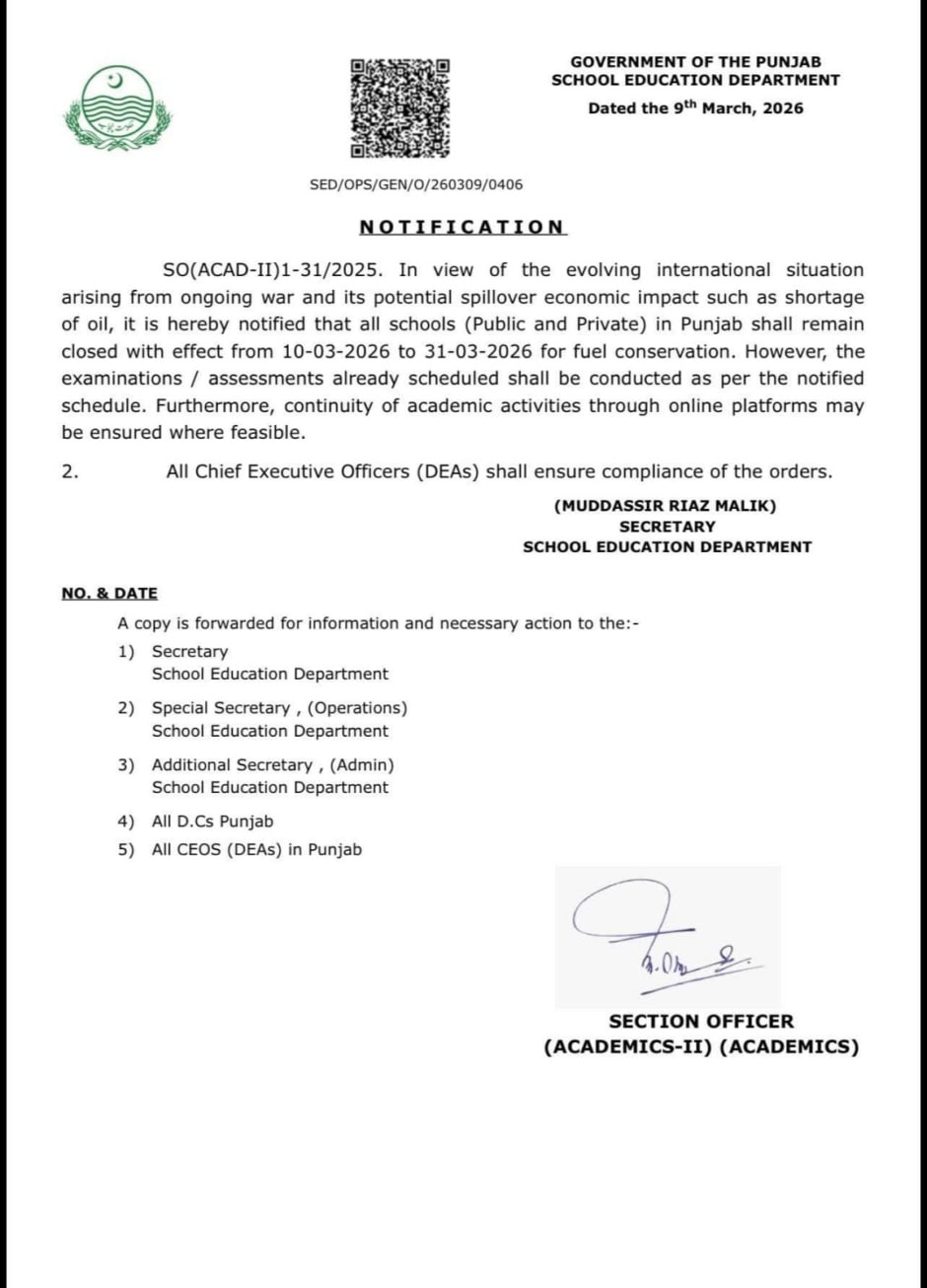 All Educational Institutions In Punjab To Remain Closed From March 10 31 