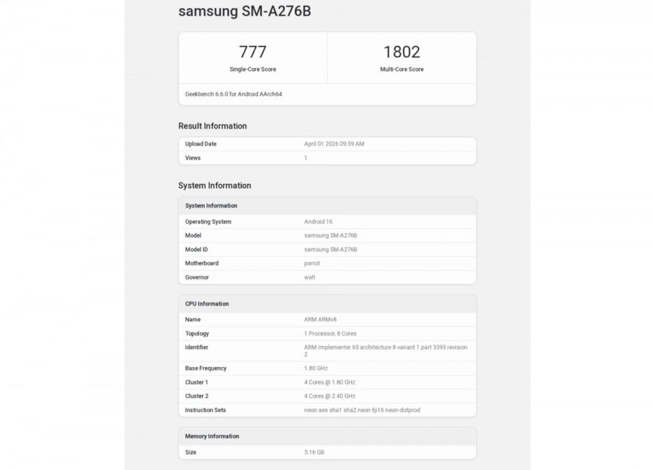Galaxy A27 Runs Geekbench