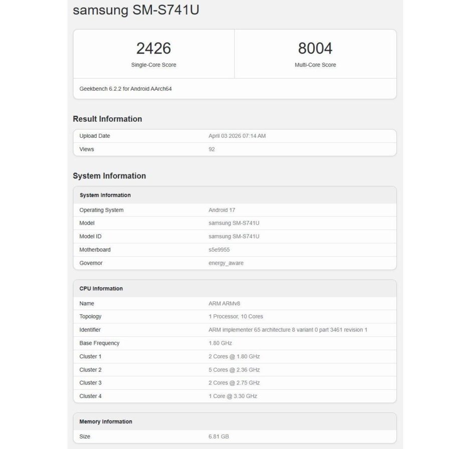 Galaxy S26 Fe Geekbench Data