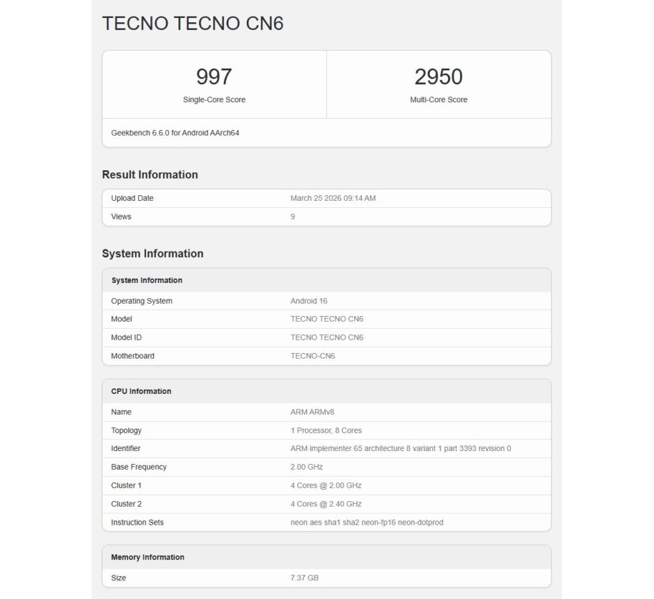 Tecno Camon Slim Geekbench Listing