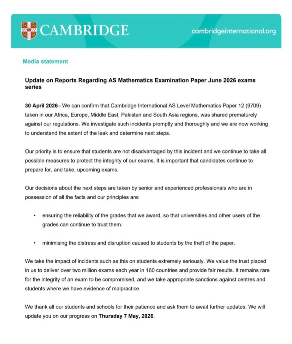 Cambridge Confirms AS Level Math Paper Leak