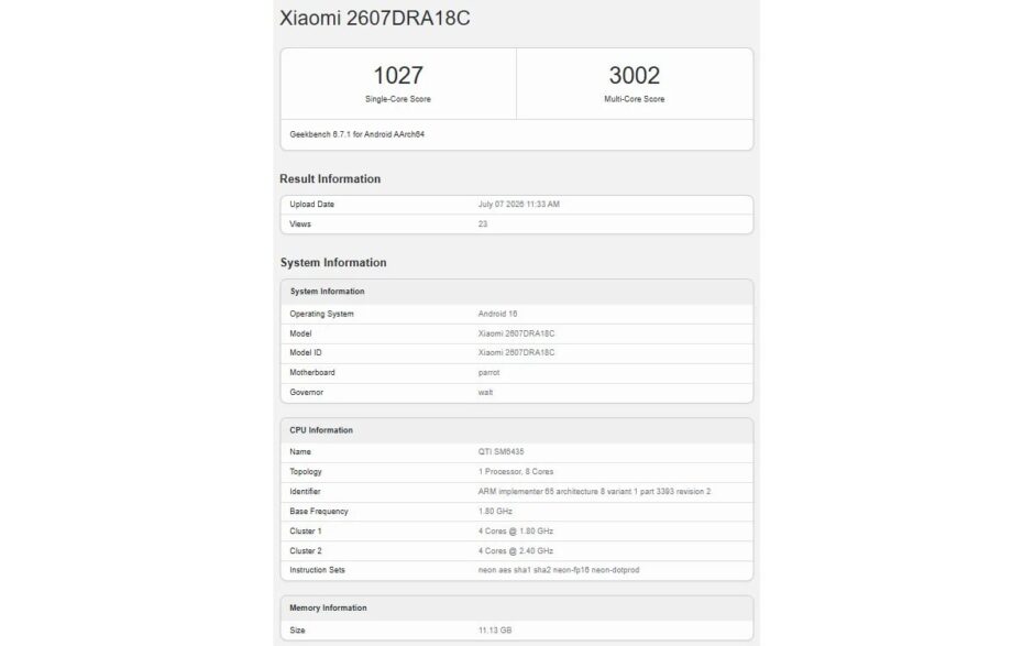 Redmi Note 17 Run Geekbench