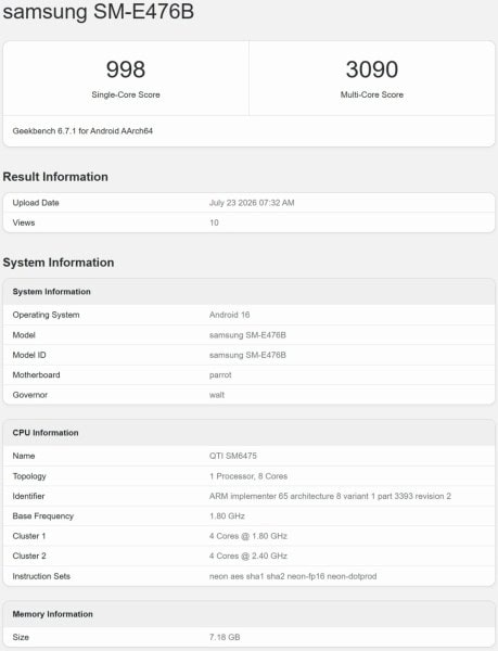 Samsung Galaxy F70 Pro On Geekbench