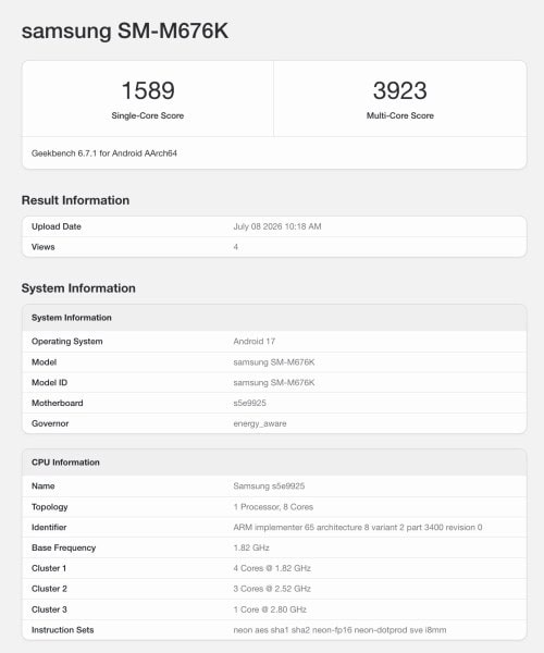Samsung Galaxy M67 Emerges On Geekbench