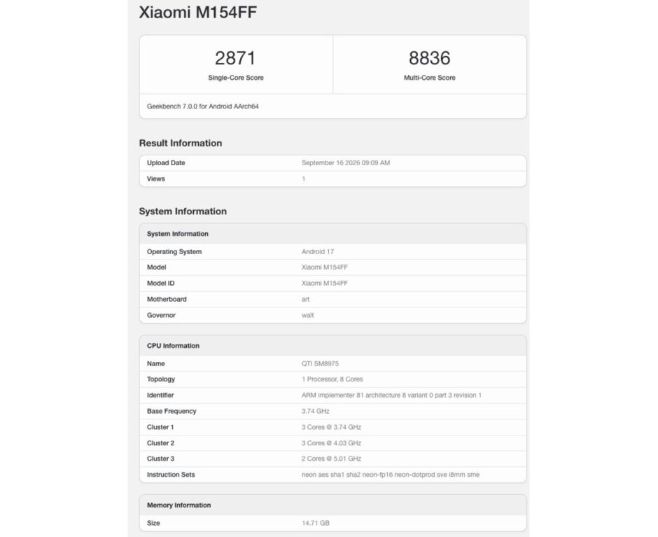 Xiaomi 18 Pro Geekbench Listing