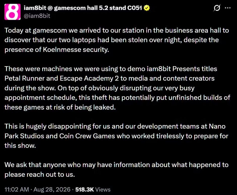 Developers got Robbed at Gamescom 2026: iam8bit