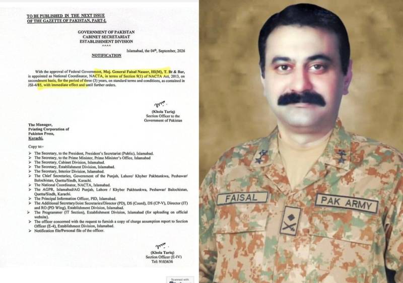 Major General Faisal Naseer Appointed Nacta National Coordinator For Three Years